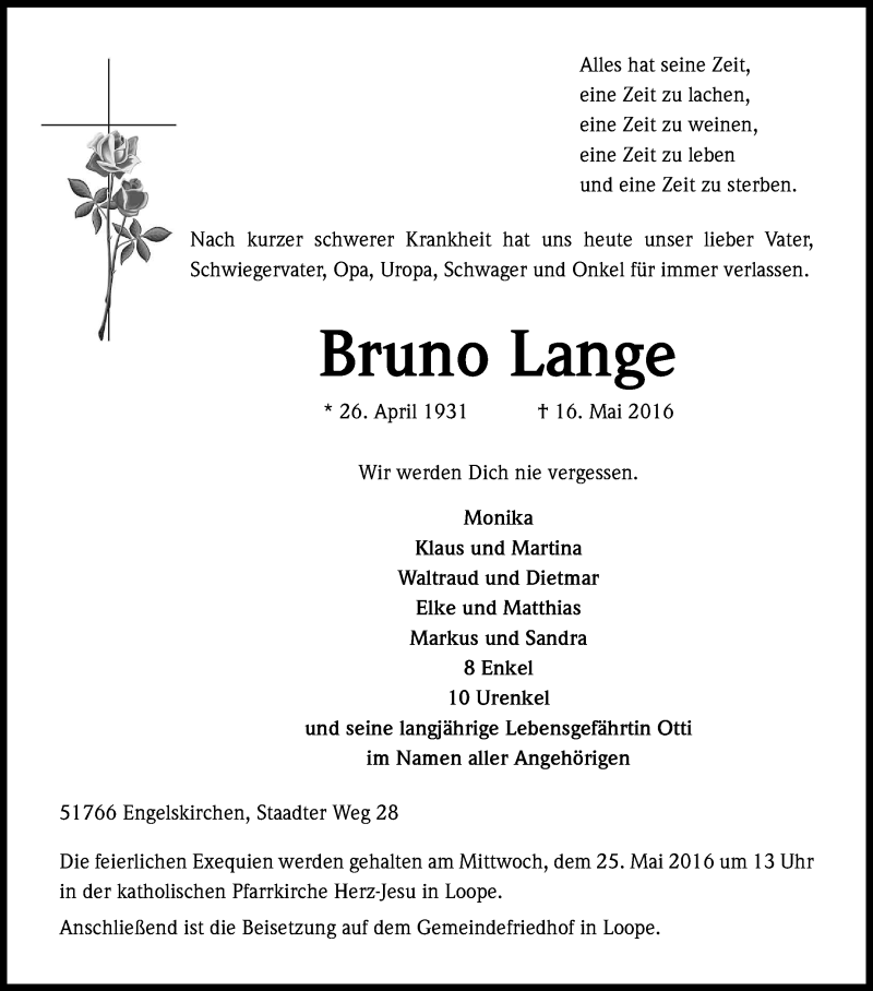  Traueranzeige für Bruno Lange vom 19.05.2016 aus Kölner Stadt-Anzeiger / Kölnische Rundschau / Express