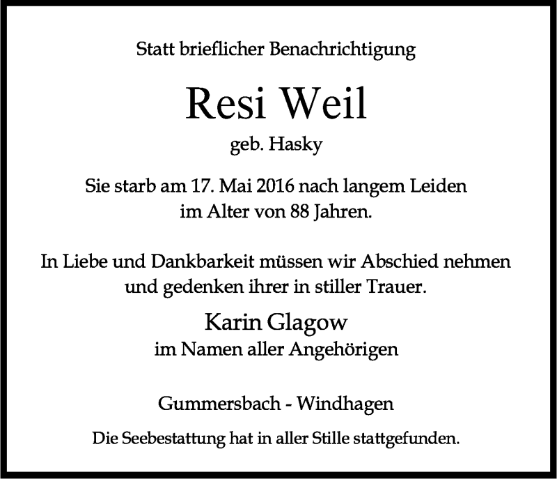  Traueranzeige für Resi Weil vom 01.06.2016 aus Kölner Stadt-Anzeiger / Kölnische Rundschau / Express