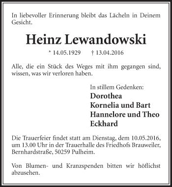 Anzeige von Heinz Lewandowski von  Sonntags-Post 