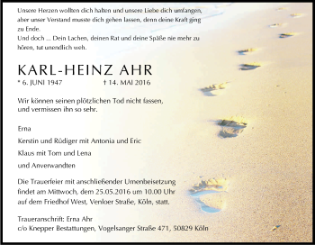 Anzeige von Karl-Heinz Ahr von Kölner Stadt-Anzeiger / Kölnische Rundschau / Express