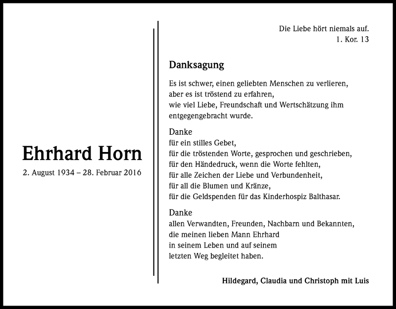  Traueranzeige für Ehrhard Horn vom 14.05.2016 aus Kölner Stadt-Anzeiger / Kölnische Rundschau / Express