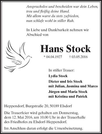 Anzeige von Hans Stock von  Sonntags-Post 