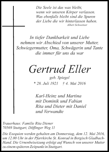 Anzeige von Gertrud Eller von Kölner Stadt-Anzeiger / Kölnische Rundschau / Express