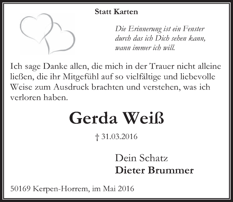  Traueranzeige für Gerda Weiß vom 04.05.2016 aus  Wochenende  Werbepost 