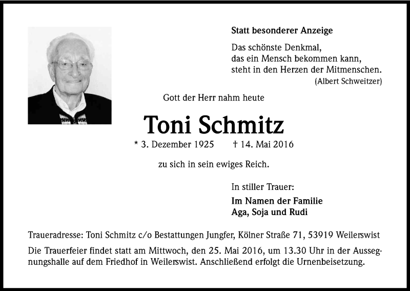  Traueranzeige für Toni Schmitz vom 21.05.2016 aus Kölner Stadt-Anzeiger / Kölnische Rundschau / Express