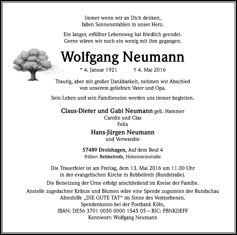  Traueranzeige für Wolfgang Neumann vom 07.05.2016 aus Kölner Stadt-Anzeiger / Kölnische Rundschau / Express