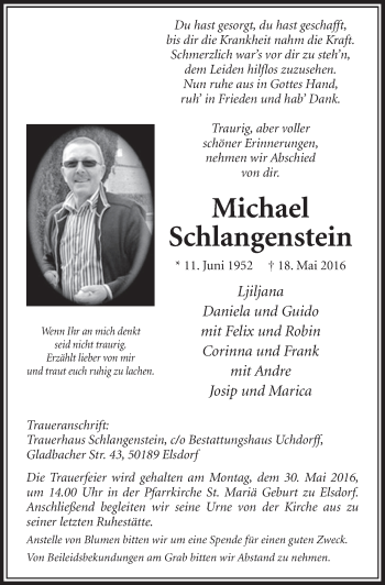Anzeige von Michael Schlangenstein von  Sonntags-Post 