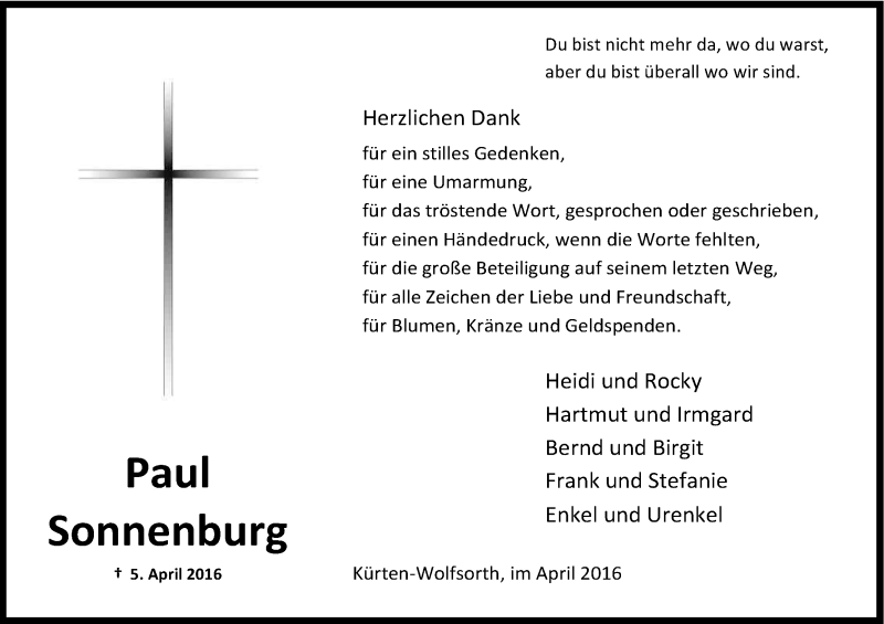  Traueranzeige für Paul Sonnenburg vom 30.04.2016 aus Kölner Stadt-Anzeiger / Kölnische Rundschau / Express
