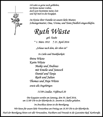 Anzeige von Ruth Wüste von Kölner Stadt-Anzeiger / Kölnische Rundschau / Express