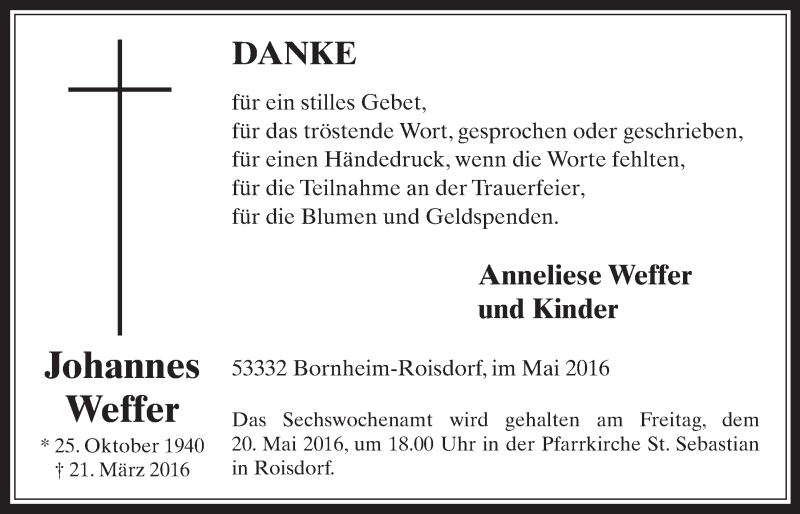  Traueranzeige für Johannes Weffer vom 04.05.2016 aus  Schaufenster/Blickpunkt 