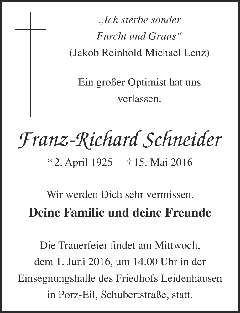  Traueranzeige für Franz-Richard Schneider vom 25.05.2016 aus  Kölner Wochenspiegel 