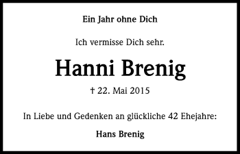 Anzeige von Hanni Brenig von Kölner Stadt-Anzeiger / Kölnische Rundschau / Express