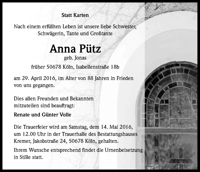  Traueranzeige für Anna Pütz vom 07.05.2016 aus Kölner Stadt-Anzeiger / Kölnische Rundschau / Express