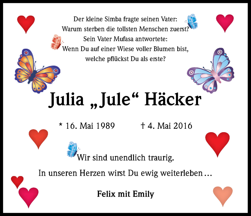  Traueranzeige für Julia Häcker vom 14.05.2016 aus Kölner Stadt-Anzeiger / Kölnische Rundschau / Express