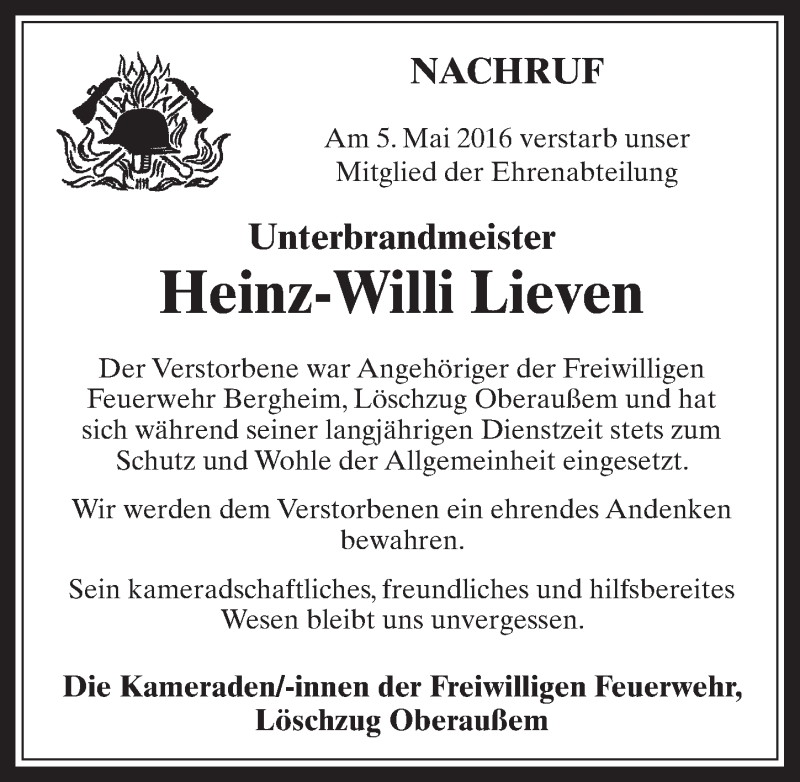  Traueranzeige für Heinz-Willi Lieven vom 25.05.2016 aus  Werbepost 