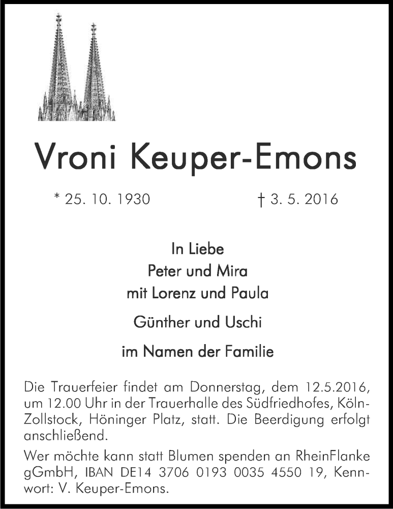  Traueranzeige für Veronika Keuper-Emons vom 07.05.2016 aus Kölner Stadt-Anzeiger / Kölnische Rundschau / Express