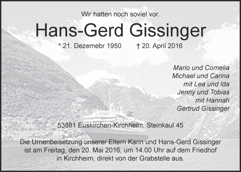  Traueranzeige für Hans-Gerd Gissinger vom 14.05.2016 aus  Blickpunkt Euskirchen 