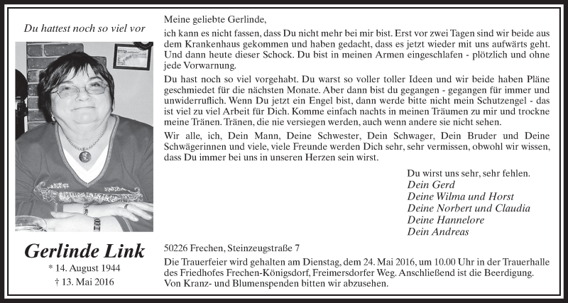  Traueranzeige für Gerlinde Link vom 21.05.2016 aus  Sonntags-Post 