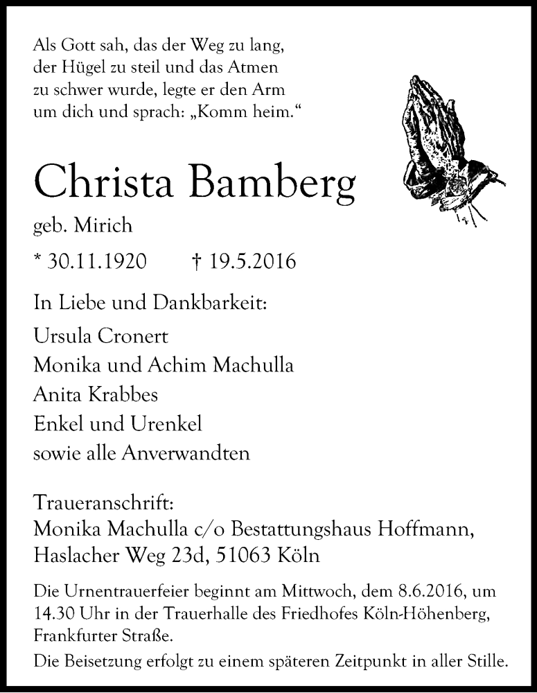  Traueranzeige für Christa Bamberg vom 28.05.2016 aus Kölner Stadt-Anzeiger / Kölnische Rundschau / Express