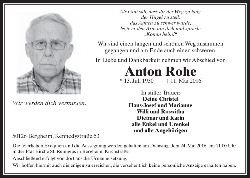  Traueranzeige für Anton Rohe vom 18.05.2016 aus  Werbepost 