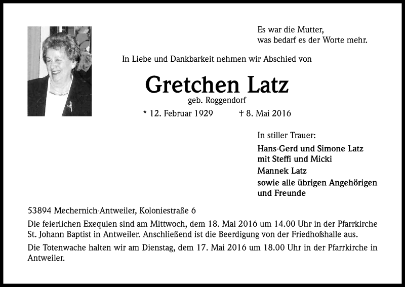  Traueranzeige für Gretchen Latz vom 14.05.2016 aus Kölner Stadt-Anzeiger / Kölnische Rundschau / Express