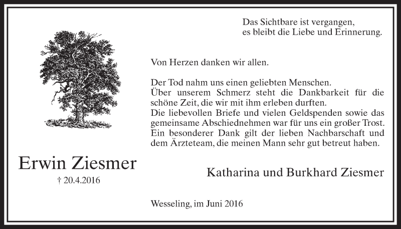  Traueranzeige für Erwin Ziesmer vom 01.06.2016 aus  Schlossbote/Werbekurier 