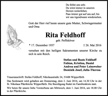 Anzeige von Rita Feldhoff von Kölner Stadt-Anzeiger / Kölnische Rundschau / Express