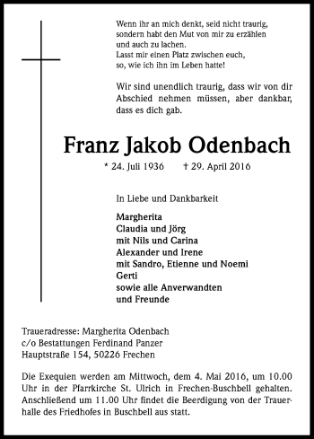 Anzeige von Franz Jakob Odenbach von Kölner Stadt-Anzeiger / Kölnische Rundschau / Express