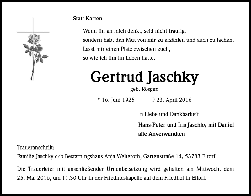  Traueranzeige für Gertrud Jaschky vom 30.04.2016 aus Kölner Stadt-Anzeiger / Kölnische Rundschau / Express