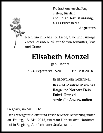 Anzeige von Elisabeth Monzel von Kölner Stadt-Anzeiger / Kölnische Rundschau / Express