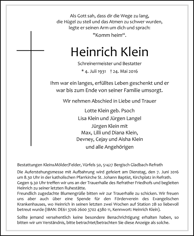  Traueranzeige für Heinrich Klein vom 01.06.2016 aus  Bergisches Handelsblatt 