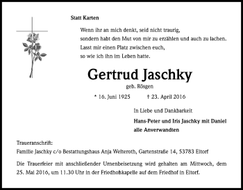 Anzeige von Gertrud Jaschky von Kölner Stadt-Anzeiger / Kölnische Rundschau / Express