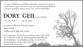 Anzeige von Dory Geil von Kölner Stadt-Anzeiger / Kölnische Rundschau / Express