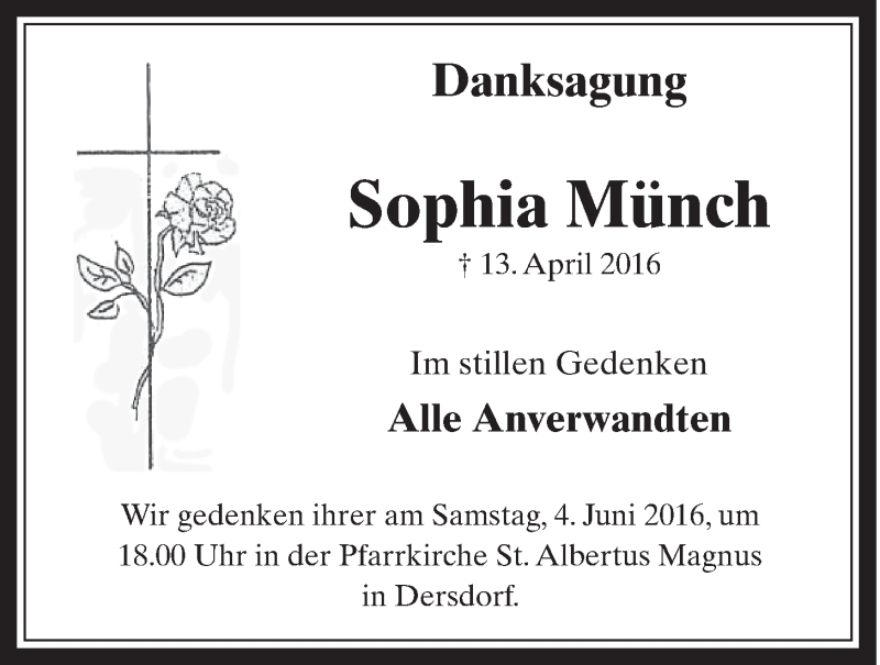  Traueranzeige für Sophia Münch vom 01.06.2016 aus  Schaufenster/Blickpunkt 