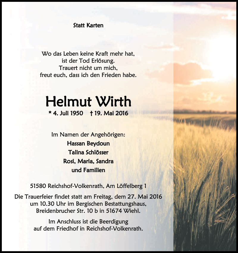  Traueranzeige für Helmut Wirth vom 24.05.2016 aus Kölner Stadt-Anzeiger / Kölnische Rundschau / Express