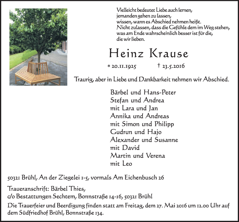  Traueranzeige für Heinz Krause vom 25.05.2016 aus  Schlossbote/Werbekurier 
