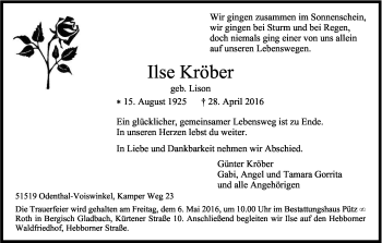 Anzeige von Ilse Kröber von Kölner Stadt-Anzeiger / Kölnische Rundschau / Express