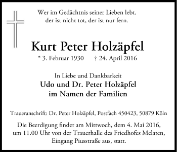 Anzeige von Kurt Peter Holzäpfel von Kölner Stadt-Anzeiger / Kölnische Rundschau / Express