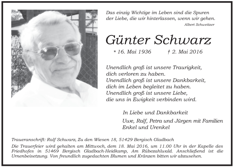  Traueranzeige für Günter Schwarz vom 11.05.2016 aus  Bergisches Handelsblatt 