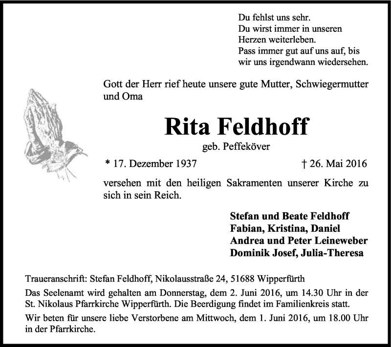  Traueranzeige für Rita Feldhoff vom 31.05.2016 aus Kölner Stadt-Anzeiger / Kölnische Rundschau / Express