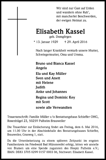 Anzeige von Elisabeth Kassel von Kölner Stadt-Anzeiger / Kölnische Rundschau / Express