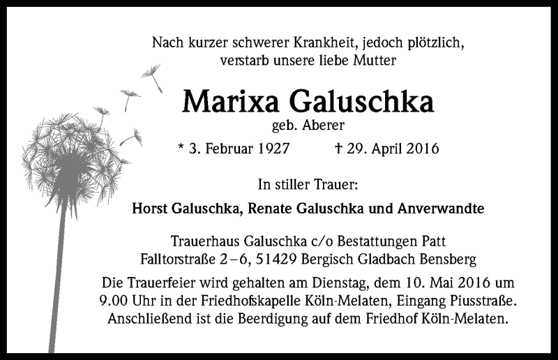  Traueranzeige für Marixa Galuschke vom 04.05.2016 aus Kölner Stadt-Anzeiger / Kölnische Rundschau / Express