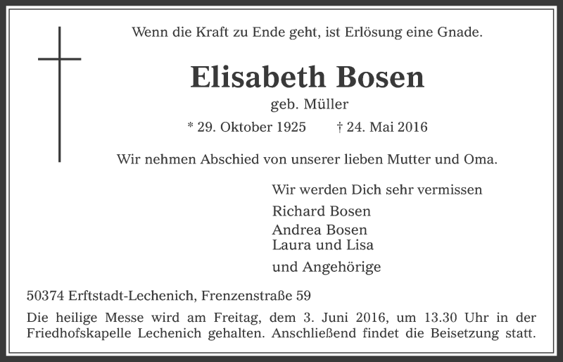  Traueranzeige für Elisabeth Bosen vom 01.06.2016 aus  Werbepost 