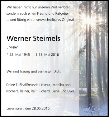 Anzeige von Werner Steimels von Kölner Stadt-Anzeiger / Kölnische Rundschau / Express