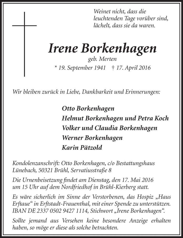  Traueranzeige für Irene Borkenhagen vom 04.05.2016 aus  Schlossbote/Werbekurier 