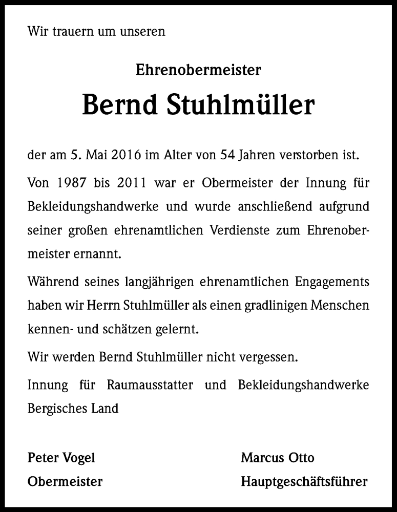  Traueranzeige für Bernd Stuhlmüller vom 13.05.2016 aus Kölner Stadt-Anzeiger / Kölnische Rundschau / Express