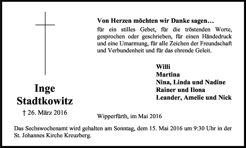  Traueranzeige für Inge Stadtkowitz vom 07.05.2016 aus Kölner Stadt-Anzeiger / Kölnische Rundschau / Express