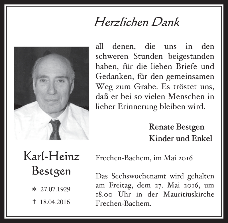  Traueranzeige für Karl-Heinz Bestgen vom 18.05.2016 aus  Wochenende 