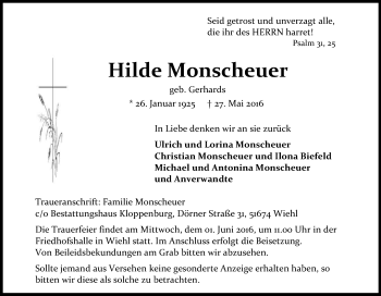 Anzeige von Hilde Monscheuer von Kölner Stadt-Anzeiger / Kölnische Rundschau / Express