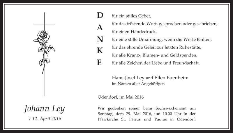  Traueranzeige für Johann Ley vom 25.05.2016 aus  Schaufenster/Blickpunkt 